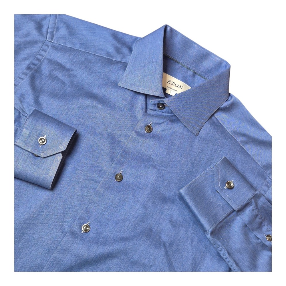 Eton Cambridge Contemporary Men's M 15.5 Blue Textured 100% Cotton Dress Shirt